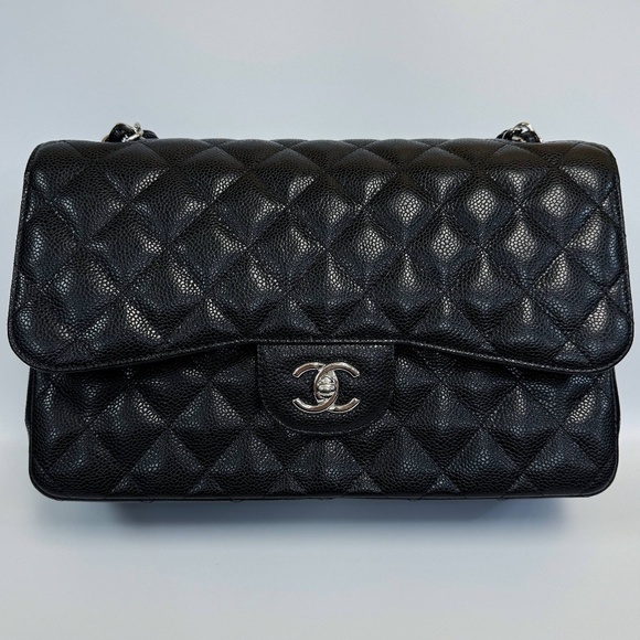 Chanel Black Quilted Caviar Jumbo Classic Double Flap Bag Silver Hardware & card - Picture 2 of 16